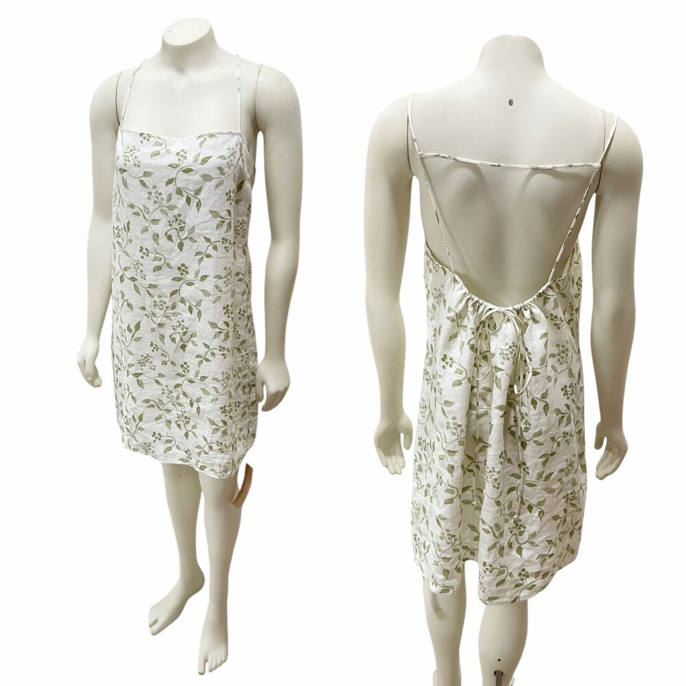 Reformation Vallarta Linen Dress Cypress Green Leafs Drawstring Back XL